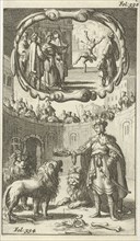 Cambyses kills the son of Prexaspis / Iron Henry, Duke of Holstein, between the lions, Jan Luyken,