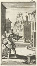 Three men see Sin enter a house, Jan Luyken, Abraham Boekholt, 1687