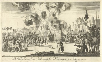 Roman soldiers around a bonfire where an eagle rises from the flames, Jan Luyken, 1686