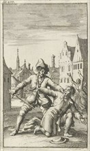 Unarmed man is threatened in the street by a man with a sword, Jan Luyken, Jan Bouman, 1685