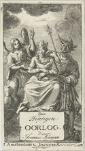 Garland and chained woman flanked by an angel and a soldier, Jan Luyken, Johannes Boekholt 1685