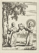 Christ and the personified soul together holding a heart with the text "Iesus", print maker: Jan