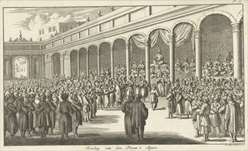 Asan Aga speaking to an audience on a large square, Jan Luyken, 1684