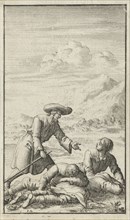 Christian finds Simple, Sloth and Audacious dormant, Jan Luyken, Johannes Boekholt, 1684