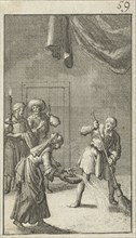 Christian watches as a man and woman are cleaning the floor, Jan Luyken, Johannes Boekholt 1684