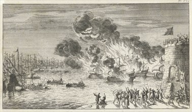 Futile effort of the Greeks to burn the Venetian fleet, Jan Luyken, Timotheus ten Hoorn, 1683