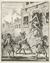 Henry II, Count of Champagne, plummeting through a broken window frame, Jan Luyken, Timotheus ten