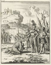 Isaac Komnenos of Cyprus is kneeling in front of Richard the Lionheart, Jan Luyken, Timotheus ten