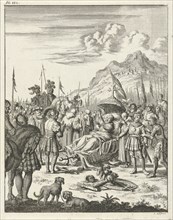 Fulk V, Count of Anjou and King of Jerusalem, dies lying on a stretcher, Jan Luyken, Timotheus ten