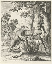 Godfrey of Bouillon, c. 1060 â€ì 1100, beats a bear, Jan Luyken, Timotheus ten Hoorn, 1683