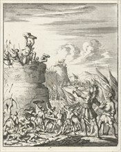 Attack on a fortress where a Turk is hit by arrows, print maker: Jan Luyken, Timotheus ten Hoorn,