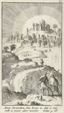 Pilgrims climb to an upper town behind which the sun shines, Jan Luyken, Jan Rieuwertsz., 1683