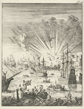 Sea Battle between Dutch and Spanish ships off the coast of Goa India, 1638, Jan Luyken, 1683