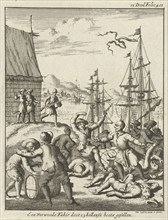 Fakir attacks with a knife a group of sailors, print maker: Jan Luyken, weduwe Joannes van Someren,