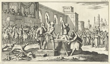 Convicted pounded by four executioners, Jan Luyken, 1682