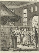 Wedding ceremony in a church in Lapland, Jan Luyken, 1682