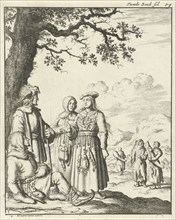 Lapland men and women talking under a tree, Jan Luyken, 1682