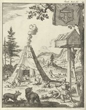 Laplander aims his bow and arrow at a wolf and a bear, Lapland, print maker: Jan Luyken, Jan Claesz