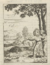 Christ and the soul personified, overlooking a landscape, print maker: Jan Luyken, Pieter Arentsz