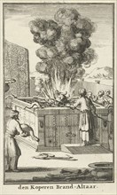 Priest sacrifices bull on the altar of sacrifice, print maker: Jan Luyken, Willem Goeree, 1683