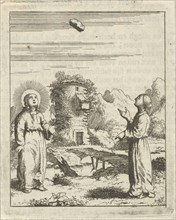 Christ and the personified soul behold a falling stone, print maker: Jan Luyken, Pieter Arentsz II,