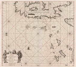 Sea chart of the north coast of Hispaniola, with two insert cards, print maker: Jan Luyken, Claes