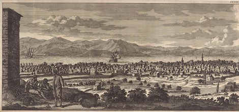 View of the city, on the island of Chios (left panel), Jan Luyken, Pieter Schenk (I), Cornelis de