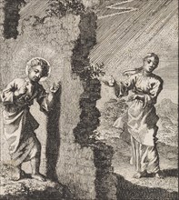 Christ knocking on a wall behind which stands the personified soul, Jan Luyken, 1714