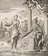 Personification of the soul shows the enthroned World her heart, Jan Luyken, 1714