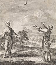 Christ and the personified soul behold a falling stone, Jan Luyken, 1714