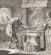 Lady World and the devil in a smithy, Jan Luyken, 1714