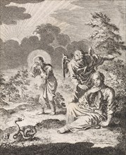 Devil asks the personified soul to leave Christ, Jan Luyken, 1714