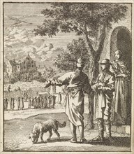 Two men witness a funeral passing, Jan Luyken, wed. Pieter Arentsz (II), Cornelis van der Sys, 1712