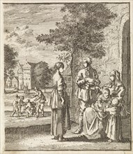 Adult daughter visits her mother and sisters, Jan Luyken, wed. Pieter Arentsz II, Cornelis van der