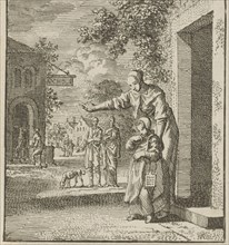 Mother points her child to a school, Jan Luyken, wed. Pieter Arentsz II, Cornelis van der Sys, 1712