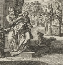 Mother washes her child on the sidewalk in front of the house, Jan Luyken, 1712