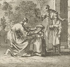 Child is given protective headgear in the garden, Jan Luyken, wed. Pieter Arentsz (II), Cornelis