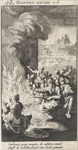 Paul shakes the snake off into the fire, Jan Luyken, Anonymous, 1712