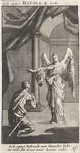 Cornelius kneels before the angel sent to him, Jan Luyken, print maker: Anonymous, 1712