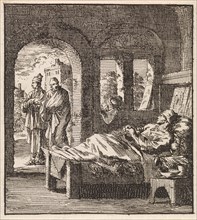 Sick man is lonely in bed while outside two men walking past, print maker: Jan Luyken, wed. Pieter
