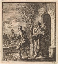 Man with fur coat and fur hat looking at almost naked man, Jan Luyken, wed. Pieter Arentsz &