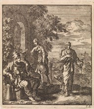 Seated man with cup and can turns from a thirsty hiker, print maker: Jan Luyken, wed. Pieter