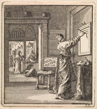Man writing from right to left on a slate wall, Jan Luyken, wed. Pieter Arentsz & Cornelis van der