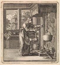 Woman reaches for the chain from a pot that hangs high above the fire, Jan Luyken, wed. Pieter