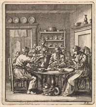People sit at a table drinking coffee, print maker: Jan Luyken, wed. Pieter Arentsz & Cornelis van