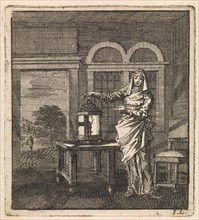 Woman puts a lantern on a table, Jan Luyken, wed. Pieter Arentsz & Cornelis van der Sys (II), 1711