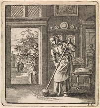 Woman sweeps the floor of a house, Jan Luyken, wed. Pieter Arentsz & Cornelis van der Sys II, 1711