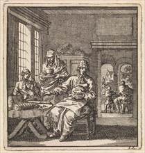 Figures at a table on which a loaf of bread and a knife can be seen, print maker: Jan Luyken, wed.