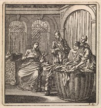 Four women next to a laundry basket, Jan Luyken, wed. Pieter Arentsz & Cornelis van der Sys (II),