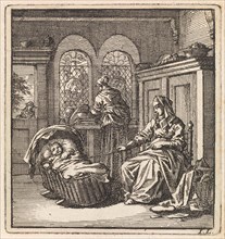 Woman next to a cradle with a baby, Jan Luyken, wed. Pieter Arentsz, Cornelis van der Sys II, 1711